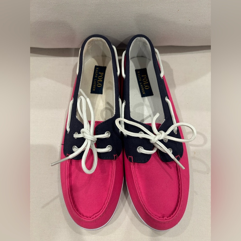 Ladies, hot pink and navy Polo Ralph Lauren boat shoes. Size 9 1/2.